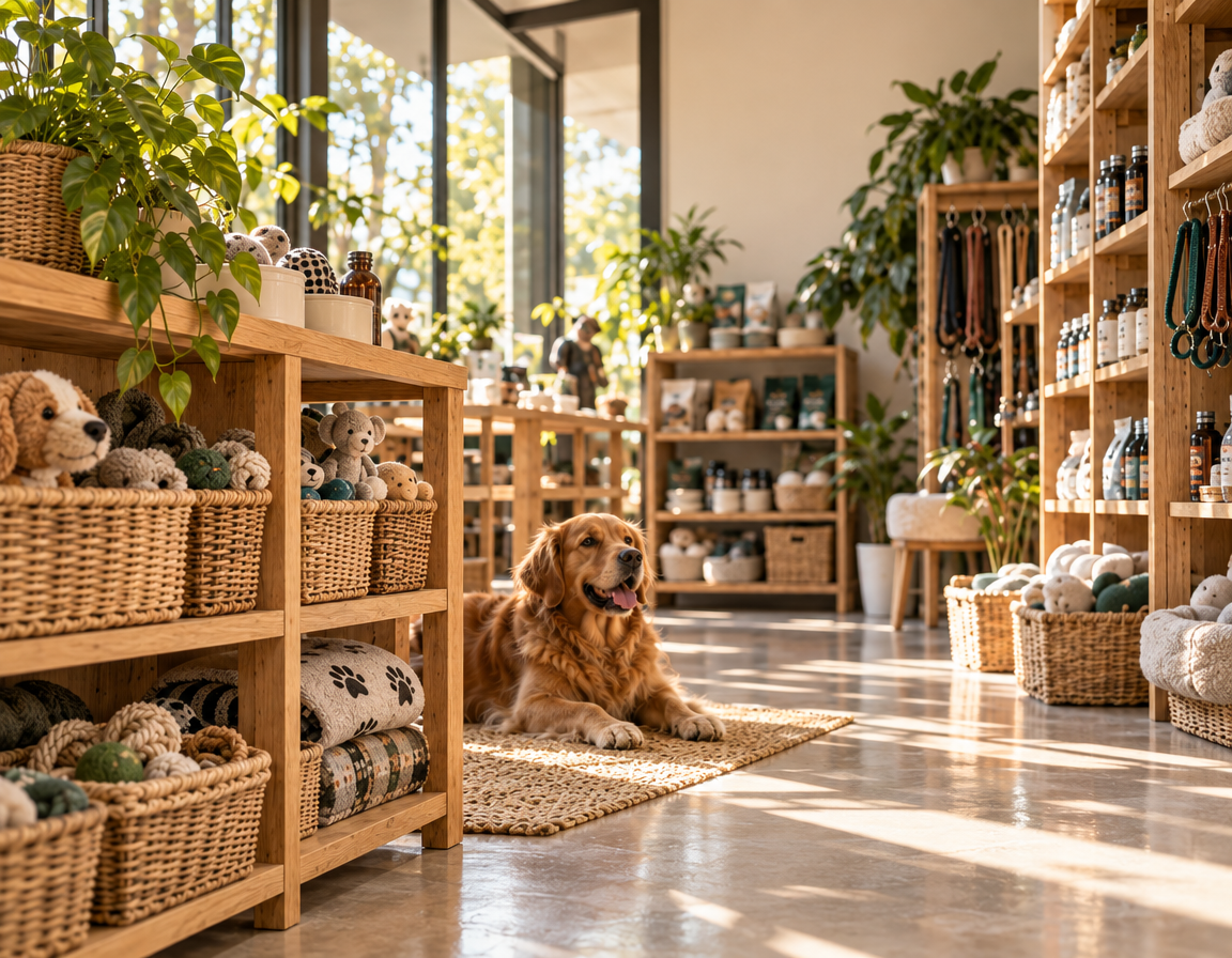 Illustrative pet boutique interior with honey-colored shelves, rattan baskets, and a golden retriever.